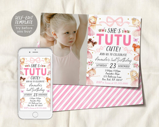 Tutu Cute 2nd Birthday Invitation With Photo Editable Template