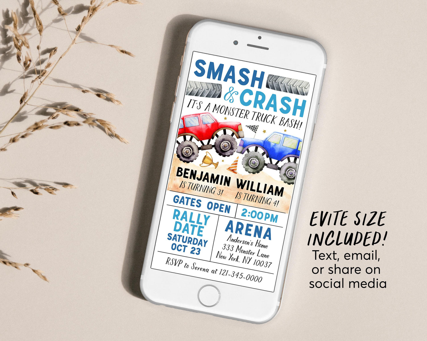 Monster Truck Joint Siblings Birthday Invitation With Photo Editable Template, Boy Twins Smash And Crash Party Invite, Monster Truck Evite