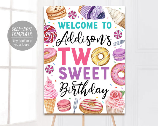 Two Sweet Birthday Welcome Sign Editable Template