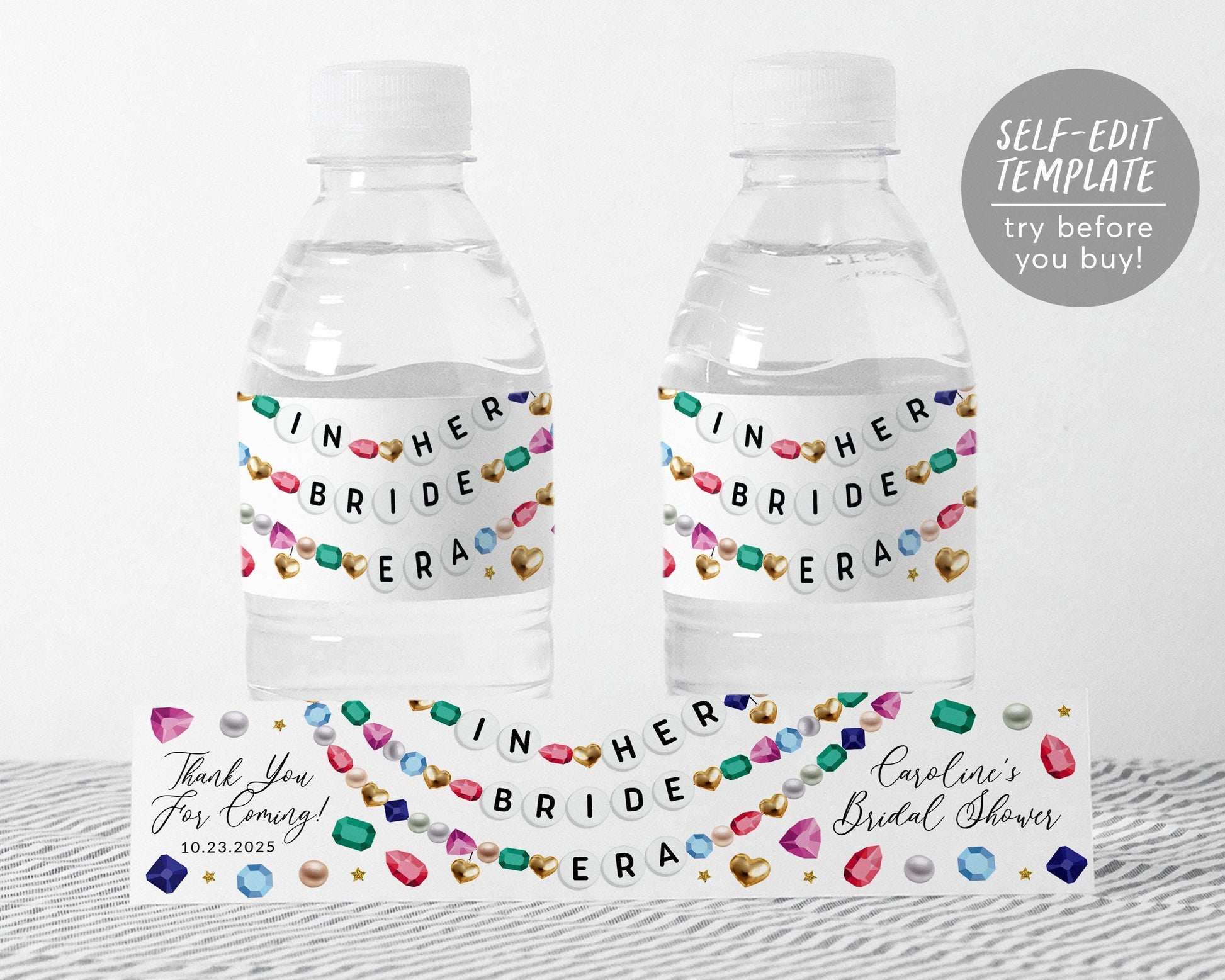 In Her Bride Era Bridal Shower Water Bottle Labels Editable Template