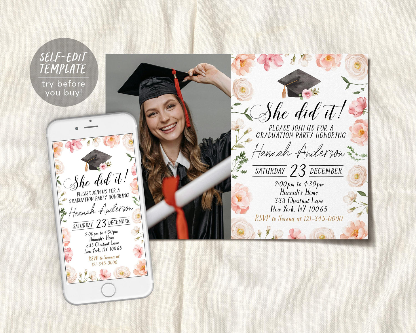 Graduation Floral Invitation With Photo Editable Template