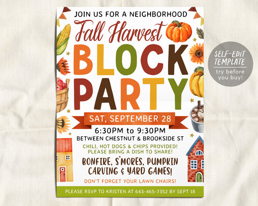 a flyer for a fall harvest block party