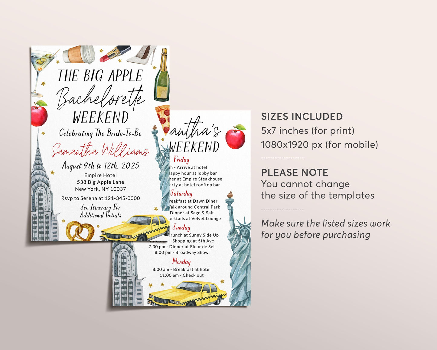 New York Bachelorette Itinerary And Invitation Editable Template, New York Travel Planner Invite, NYC Girls Night Out Weekend Schedule