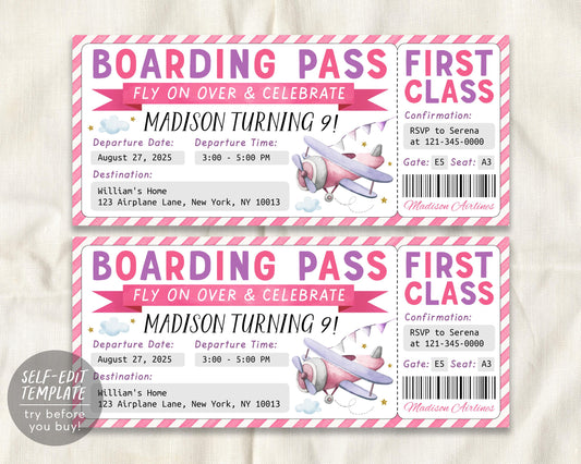 Airplane Birthday Ticket Invitation Editable Template