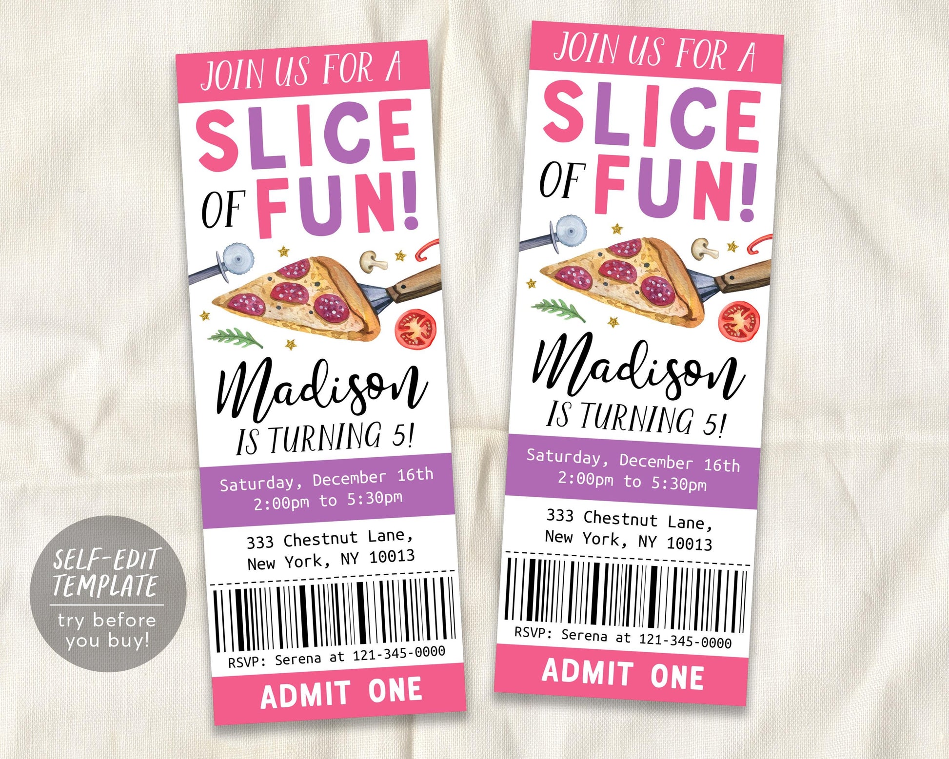 Pizza Birthday Ticket Invitation Editable Template