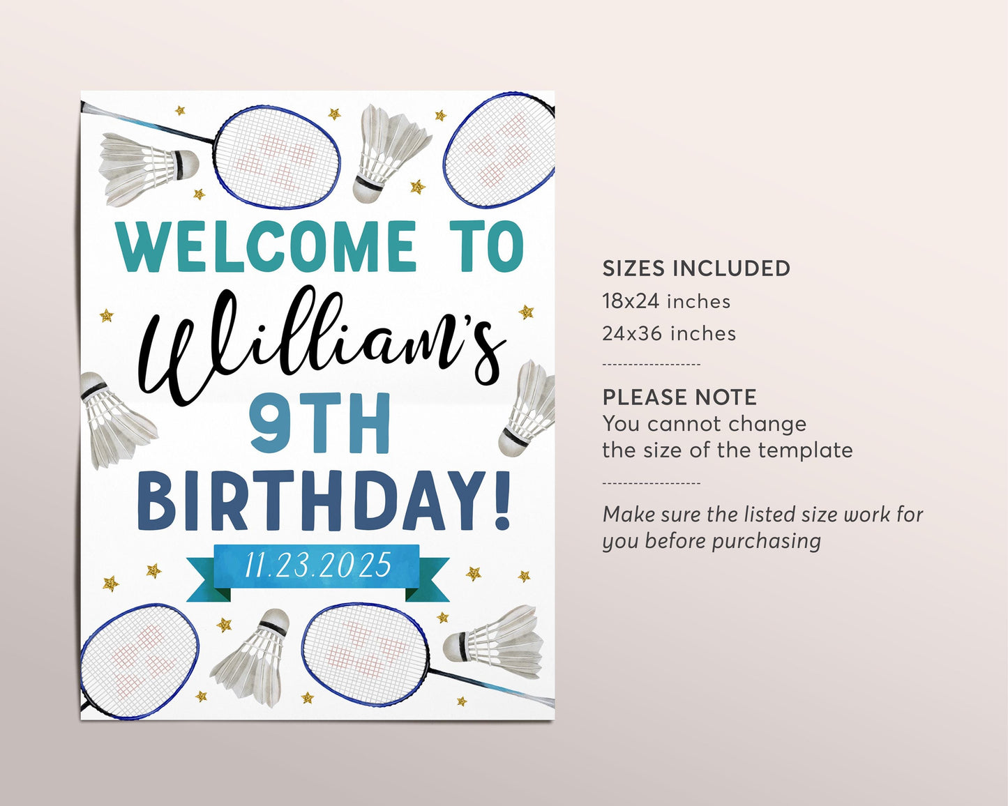 Badminton Birthday Welcome Sign Editable Template, Boy Badminton Birthday Party Poster, Sports Game Match Tournament Shuttlecock Poster