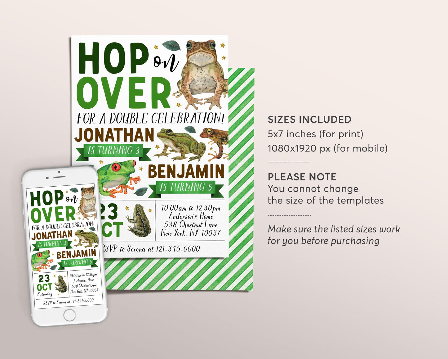 Frog Joint Siblings Birthday Invitation Editable Template, Brothers Twins Hop On Over Frogs Theme Party Invite, Kids Swamp Pond Nature Evite