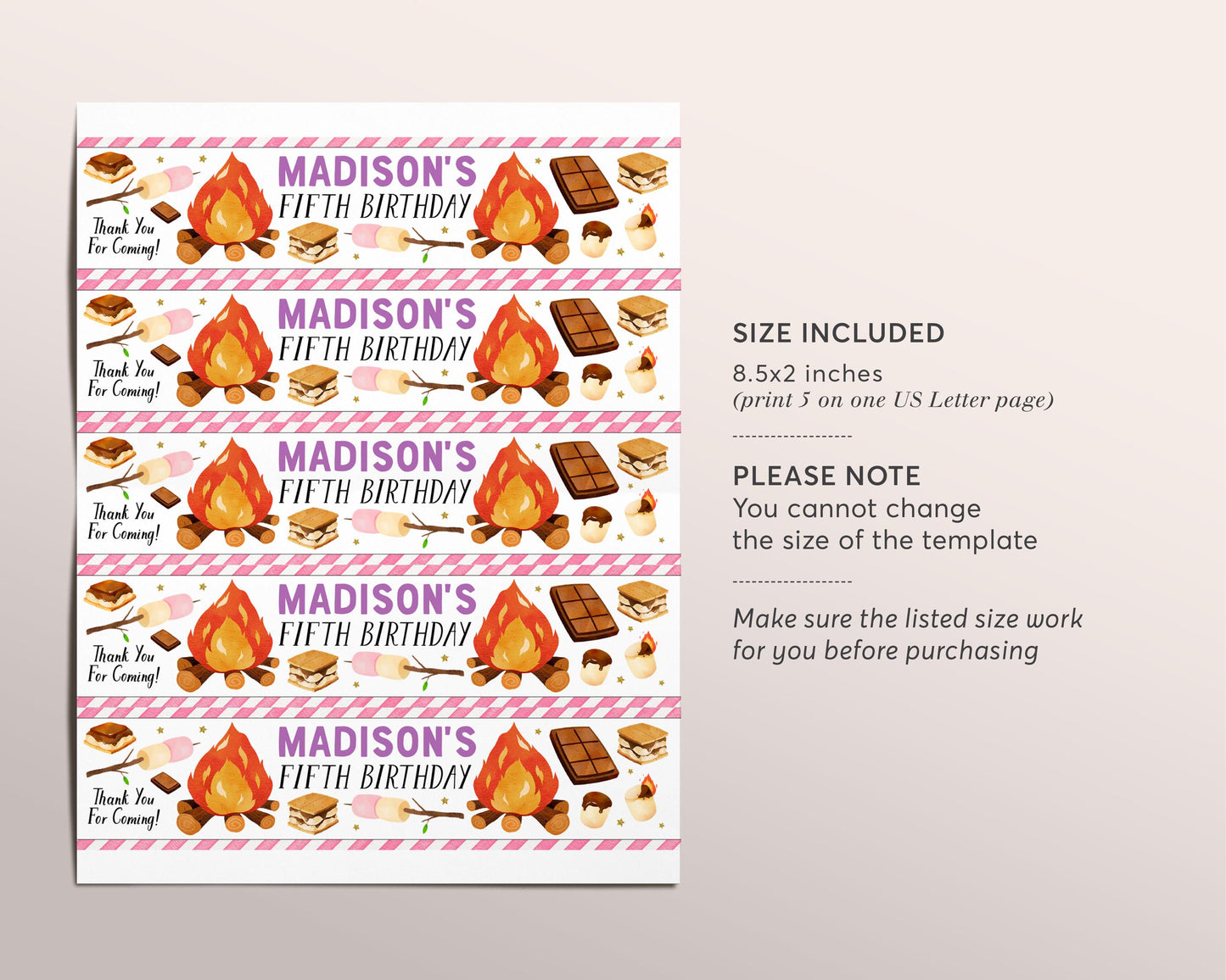 S'mores Party Water Bottle Labels Editable Template, Smores Bonfire Campfire Birthday Party Bottle Wrapper Drink Tag, Backyard Camping Wrap