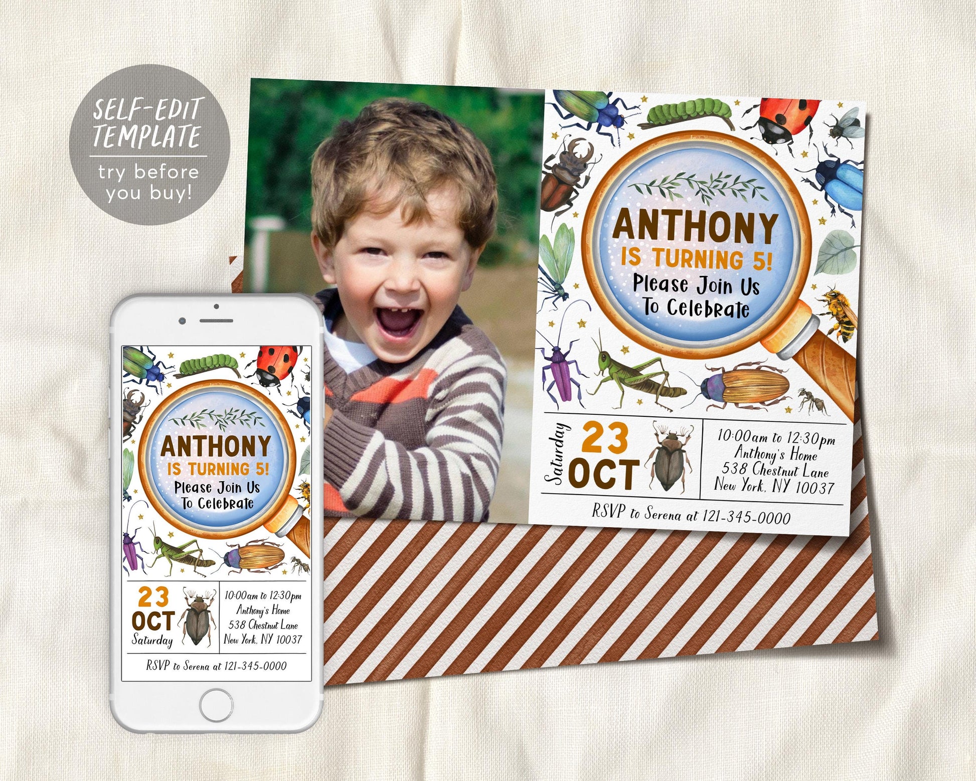 Insect Bugs Birthday Invitation With Photo Editable Template