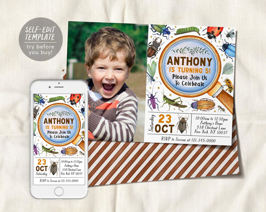 Insect Bugs Birthday Invitation With Photo Editable Template