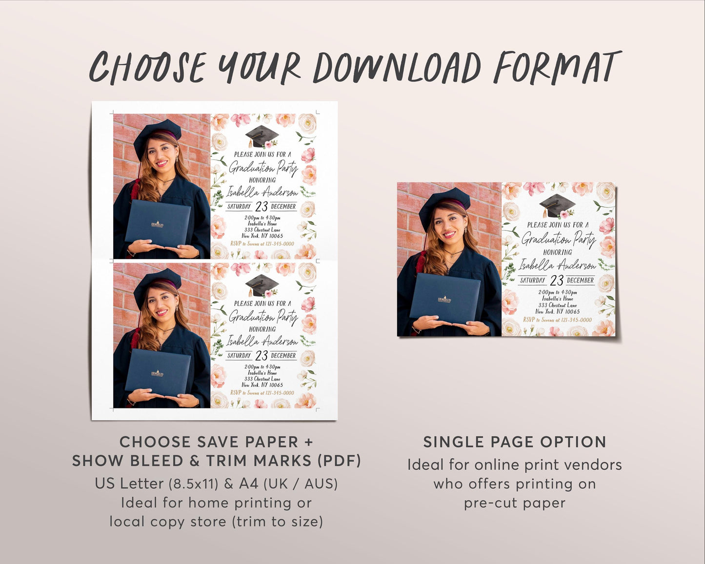 Graduation Floral Invitation With Photo Editable Template, Blush Floral Grad Announcement Party Invite for Her, College High School Evite