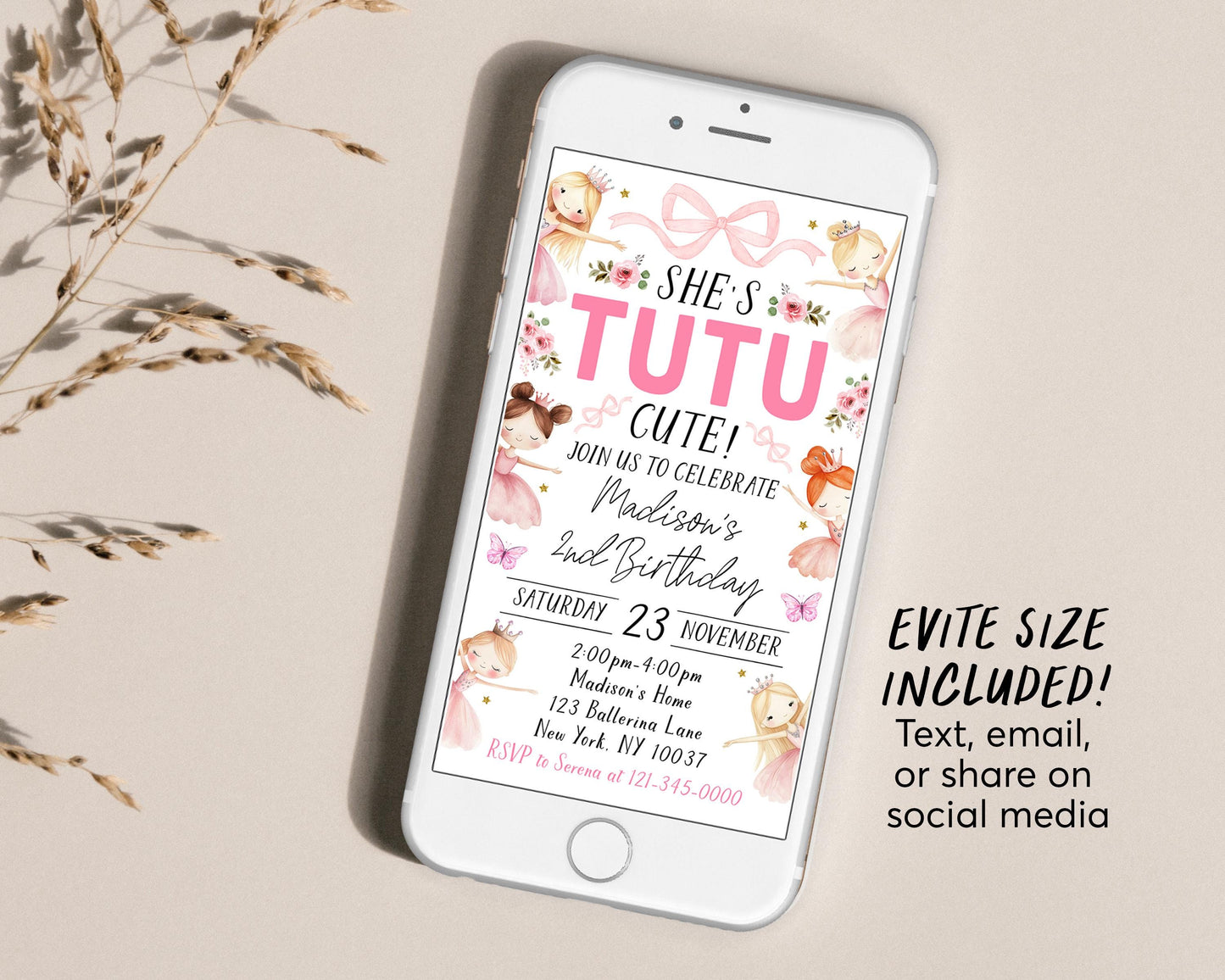 Tutu Cute 2nd Birthday Invitation Editable Template, Our Little Ballerina Second Birthday Invite, Pink Ballet Dance Floral Evite Printable