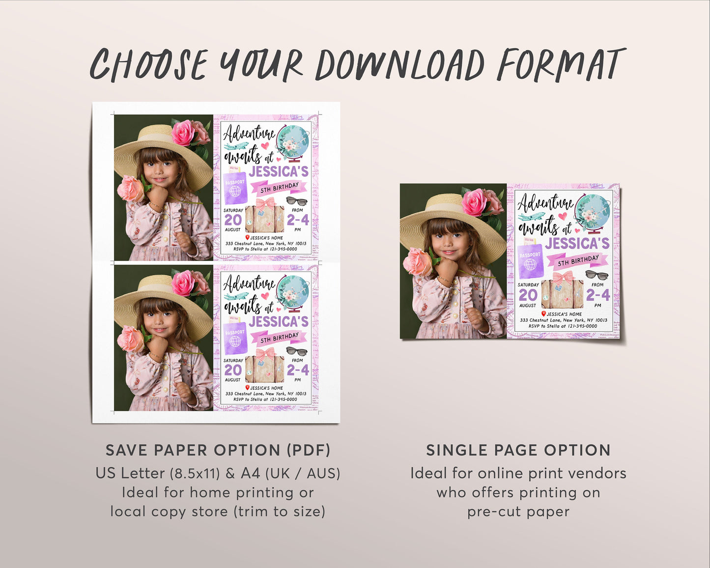 Adventure Awaits Travel Birthday Party Invitation With Photo Editable Template, Around the World Vintage Map Passport Invite Printable Evite