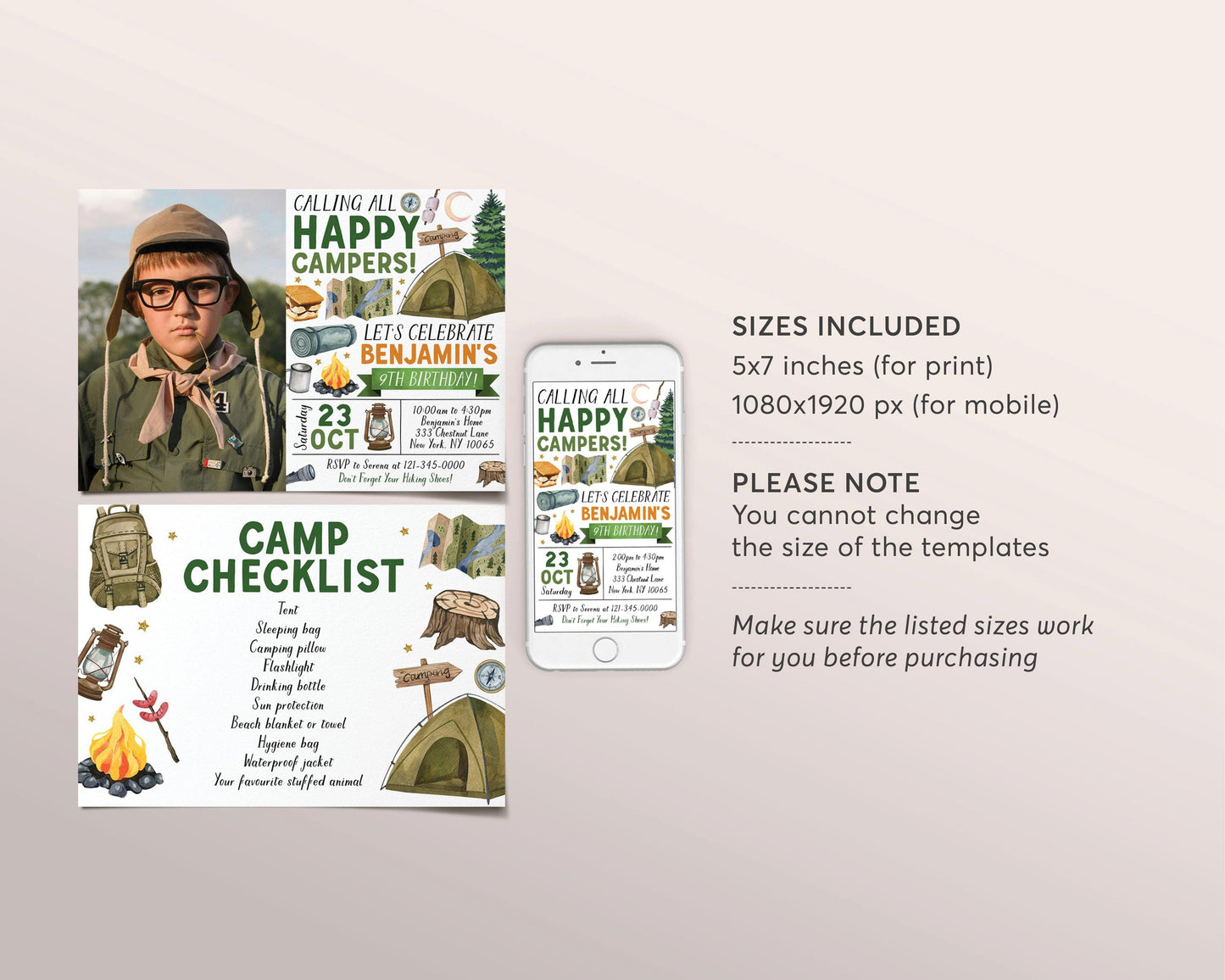 Camping Birthday Invitation With Photo Editable Template, Outdoor Camp Out Party Invite, Camp Checklist, Rustic Tent Sleepover Hiking Evite