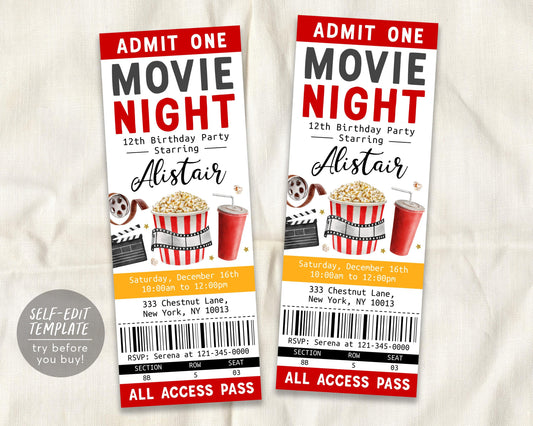 Movie Birthday Ticket Invitation Editable Template