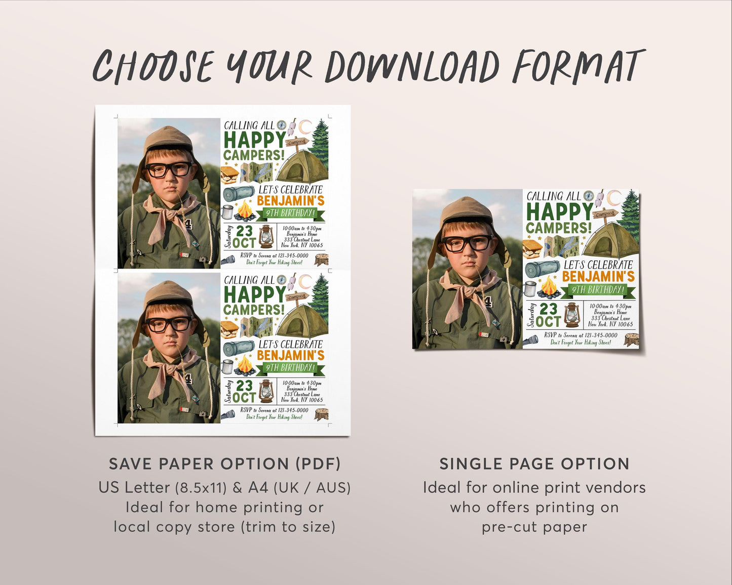 Camping Birthday Invitation With Photo Editable Template, Outdoor Camp Out Party Invite, Camp Checklist, Rustic Tent Sleepover Hiking Evite