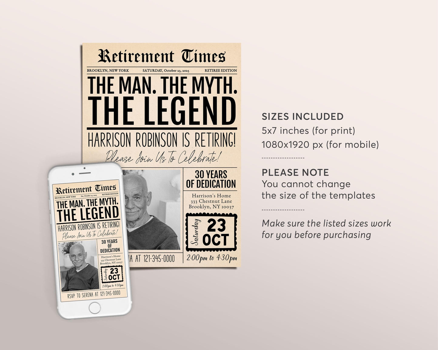 The Man The Myth The Legend Retirement Invitation Editable Template, Funny Retirement Vintage Newspaper Party Invite, Career Farewell Evite