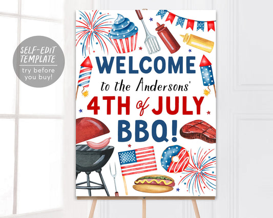 4th of July BBQ Party Welcome Sign Editable Template