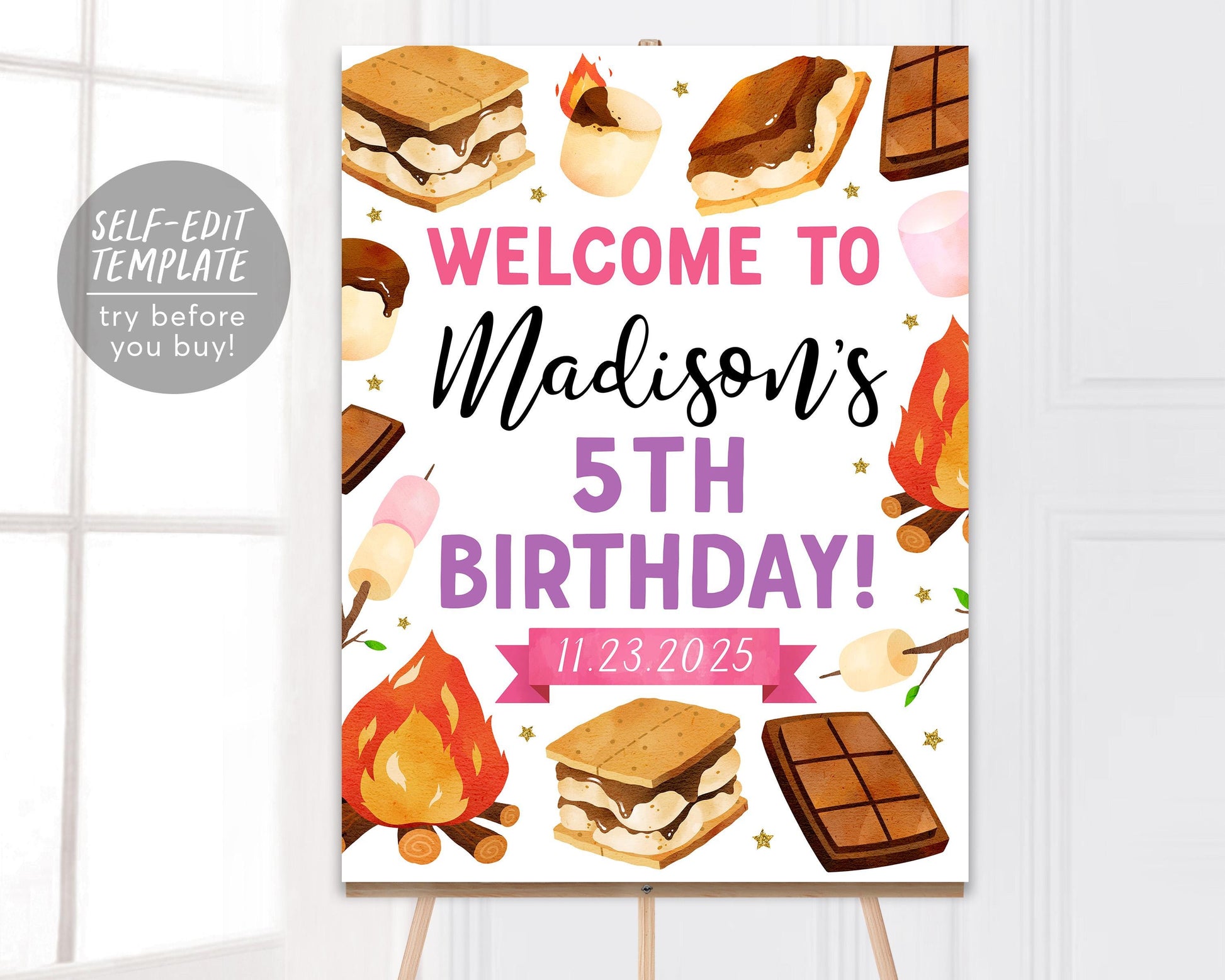 Smores Birthday Welcome Sign Editable Template