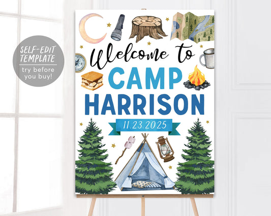 Camping Party Welcome Sign Editable Template