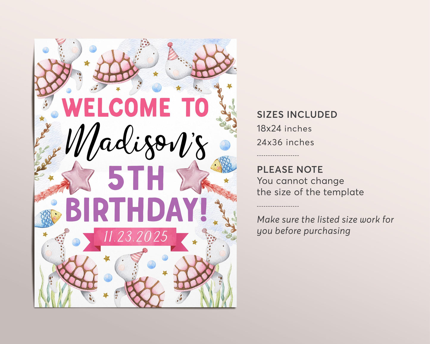 Turtle Birthday Welcome Sign Editable Template, Girl Sea Turtle Turtley Fintastic Birthday Party Poster, Under the Sea Party Ocean Decor