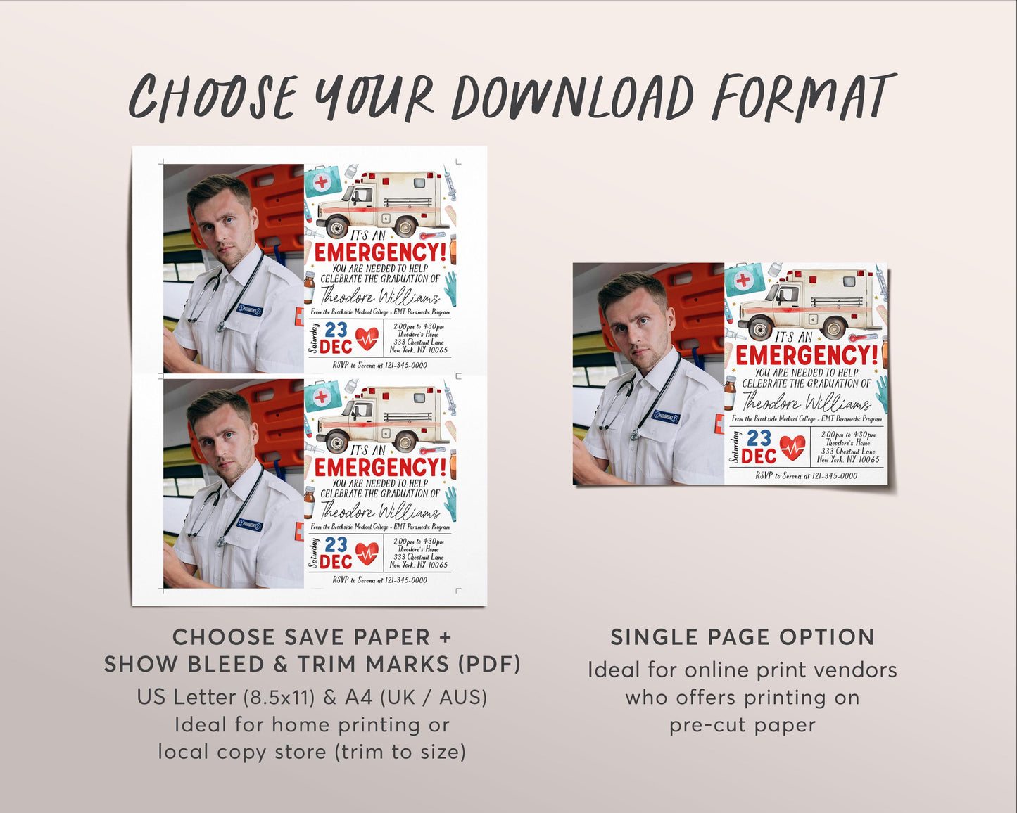 Paramedic EMT Graduation Invitation With Photo Editable Template, EMT Certification Grad Announcement Party Invite, Emergency Medical Evite