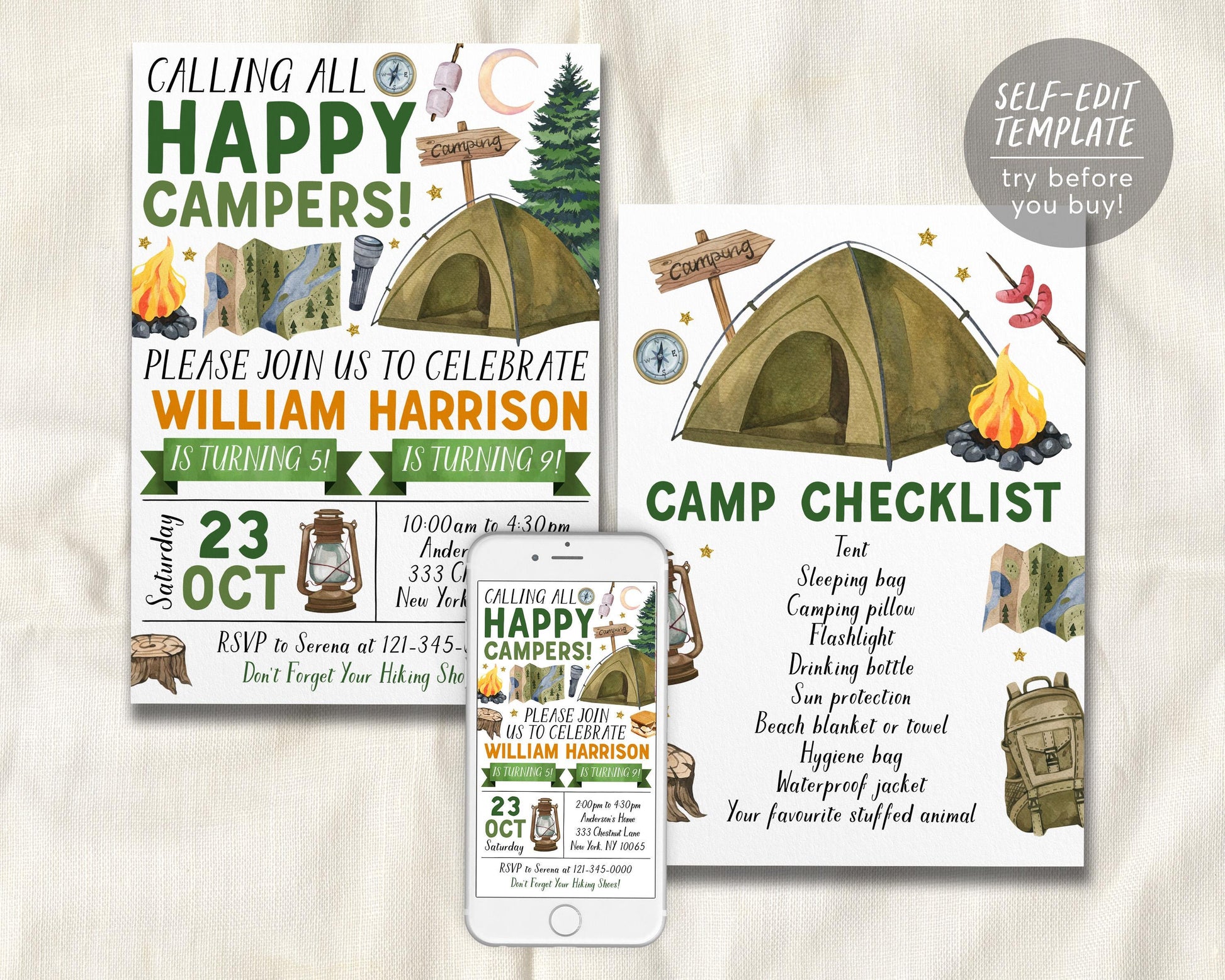 Camping Joint Siblings Birthday Invitation Editable Template