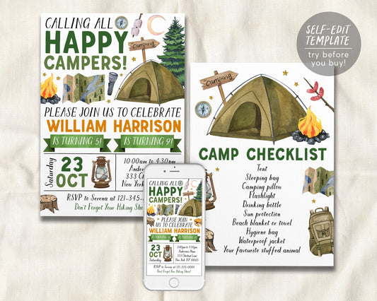Camping Joint Siblings Birthday Invitation Editable Template