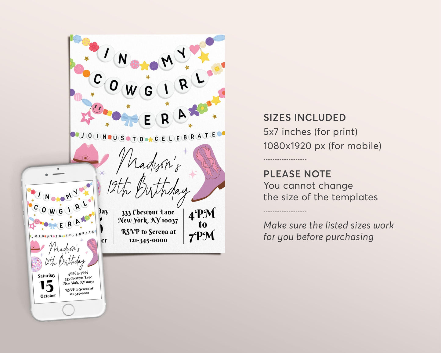 In My Cowgirl Era Birthday Invitation Editable Template, Country Girl Era Friendship Bracelet Party Invite, Rodeo Western Eras Music Evite