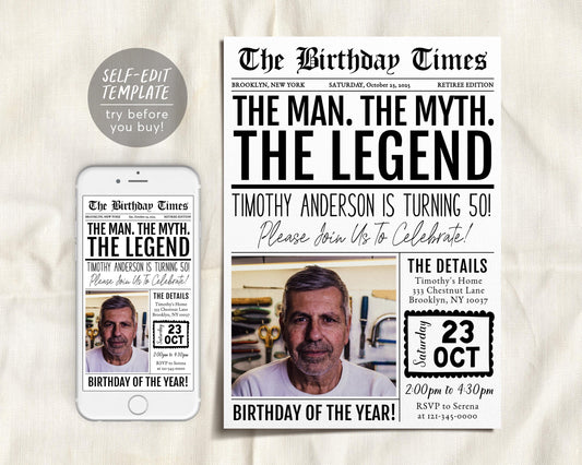 The Man The Myth The Legend Birthday Invitation Editable Template
