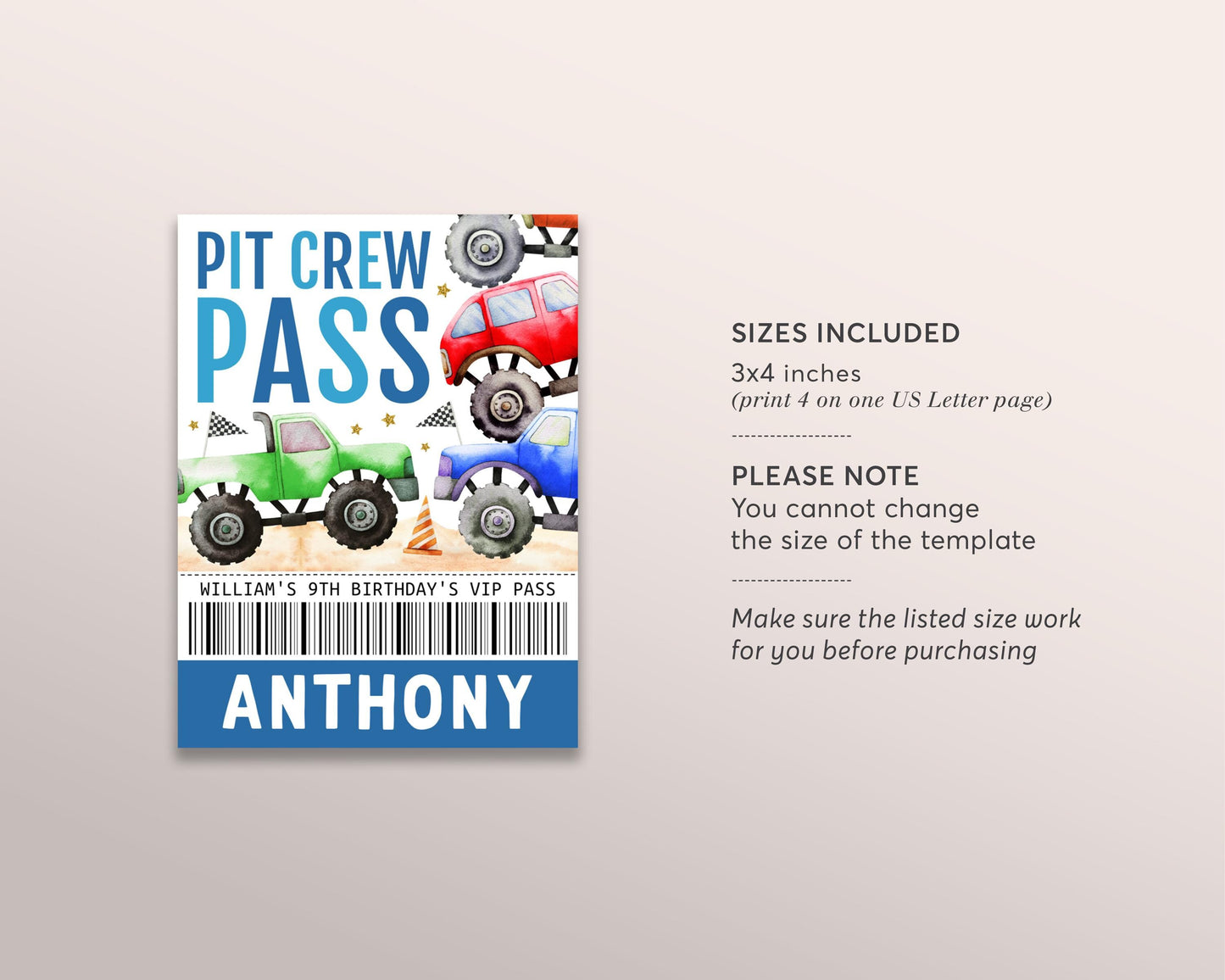 Monster Truck Pit Crew Birthday VIP Pass Editable Template, Boy Monster Jam Party All Access Guest Name Tag Insert ID Badge Lanyard Favor