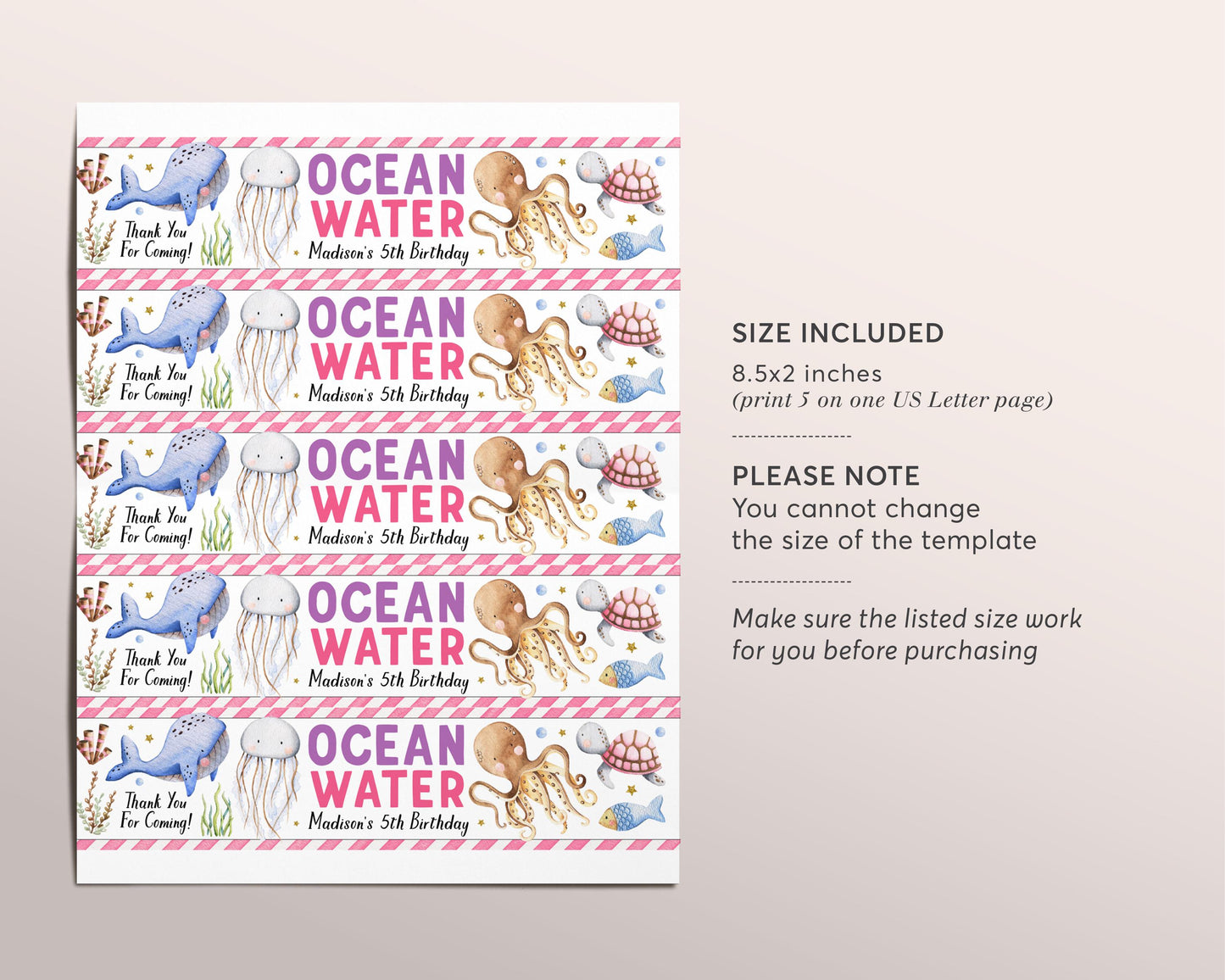 Under The Sea Water Bottle Labels Editable Template, Girl Ocean Water Octopus Jellyfish Pool Party Ocean Birthday Party Drink Wrapper Tags