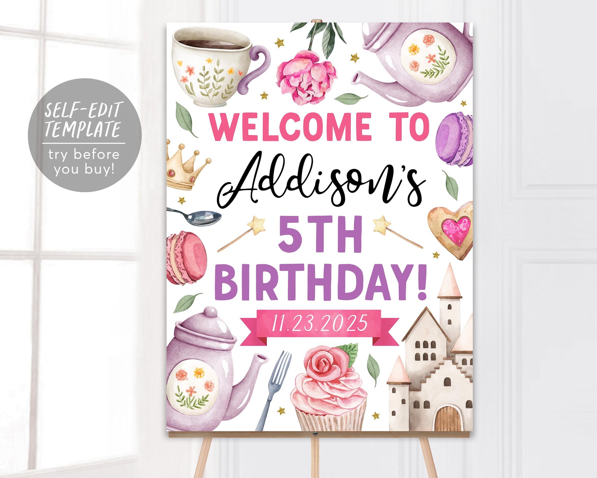 Princess Tea Party Birthday Welcome Sign Editable Template