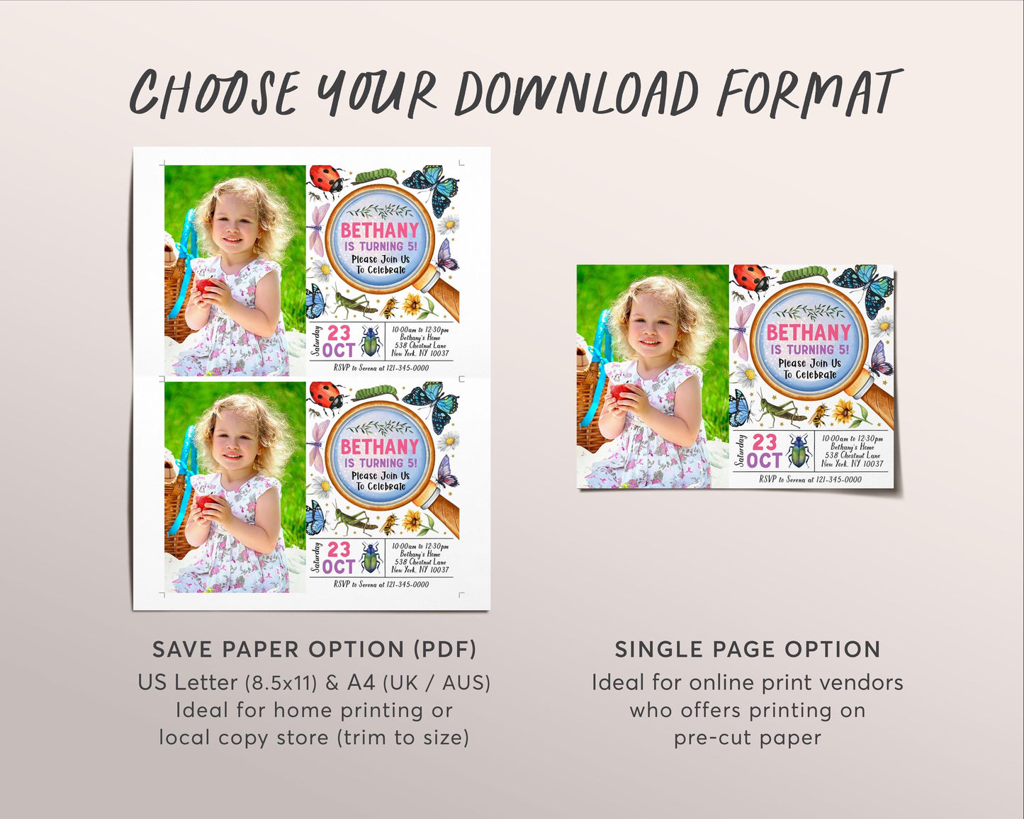 Insect Bugs Birthday Invitation With Photo Editable Template, Girl Spring Bug Party Invite, Kids Bugging Out Butterfly Hunt Garden Evite