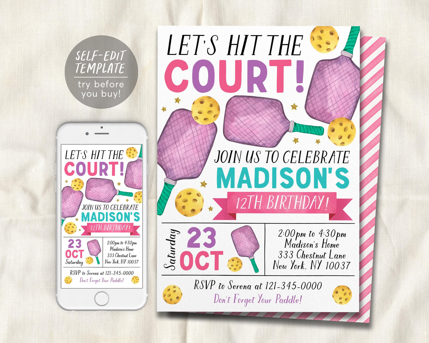 Pickleball Birthday Invitation Editable Template
