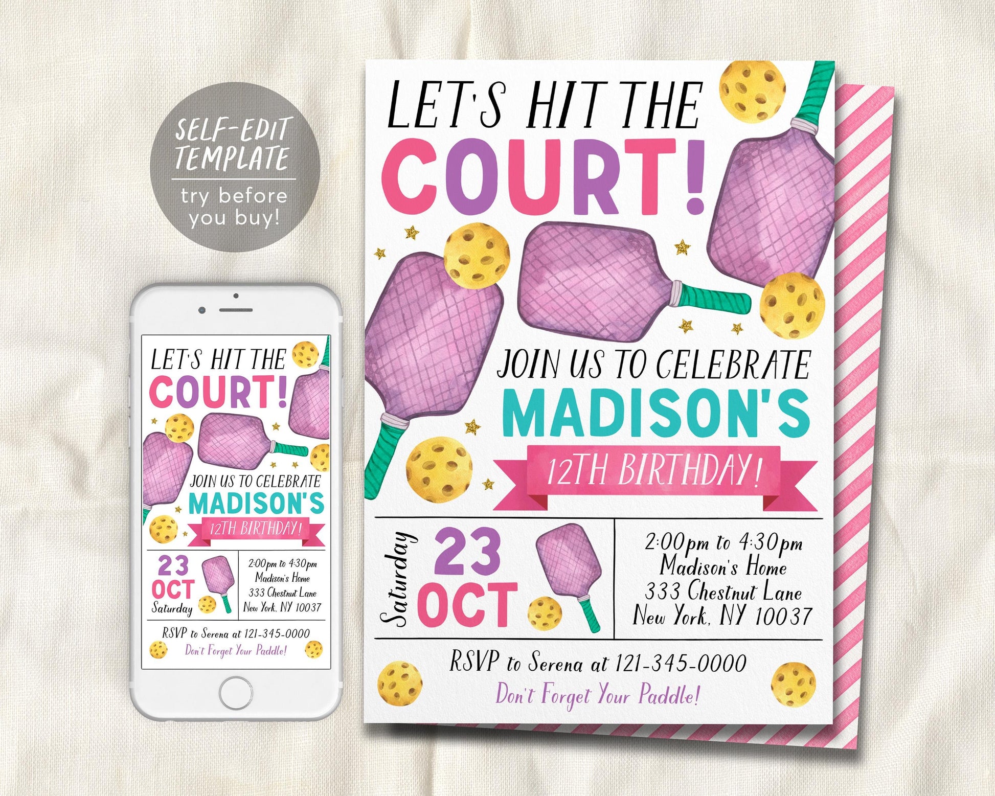 Pickleball Birthday Invitation Editable Template