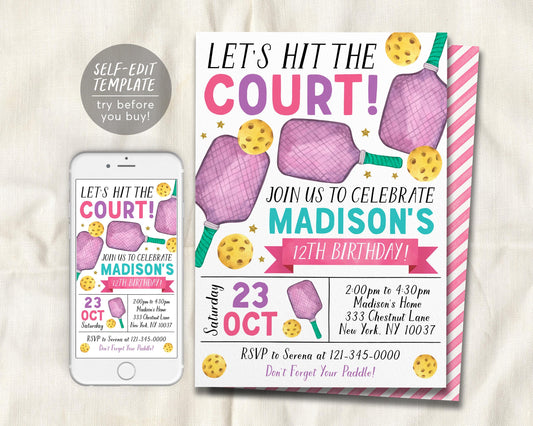 Pickleball Birthday Invitation Editable Template