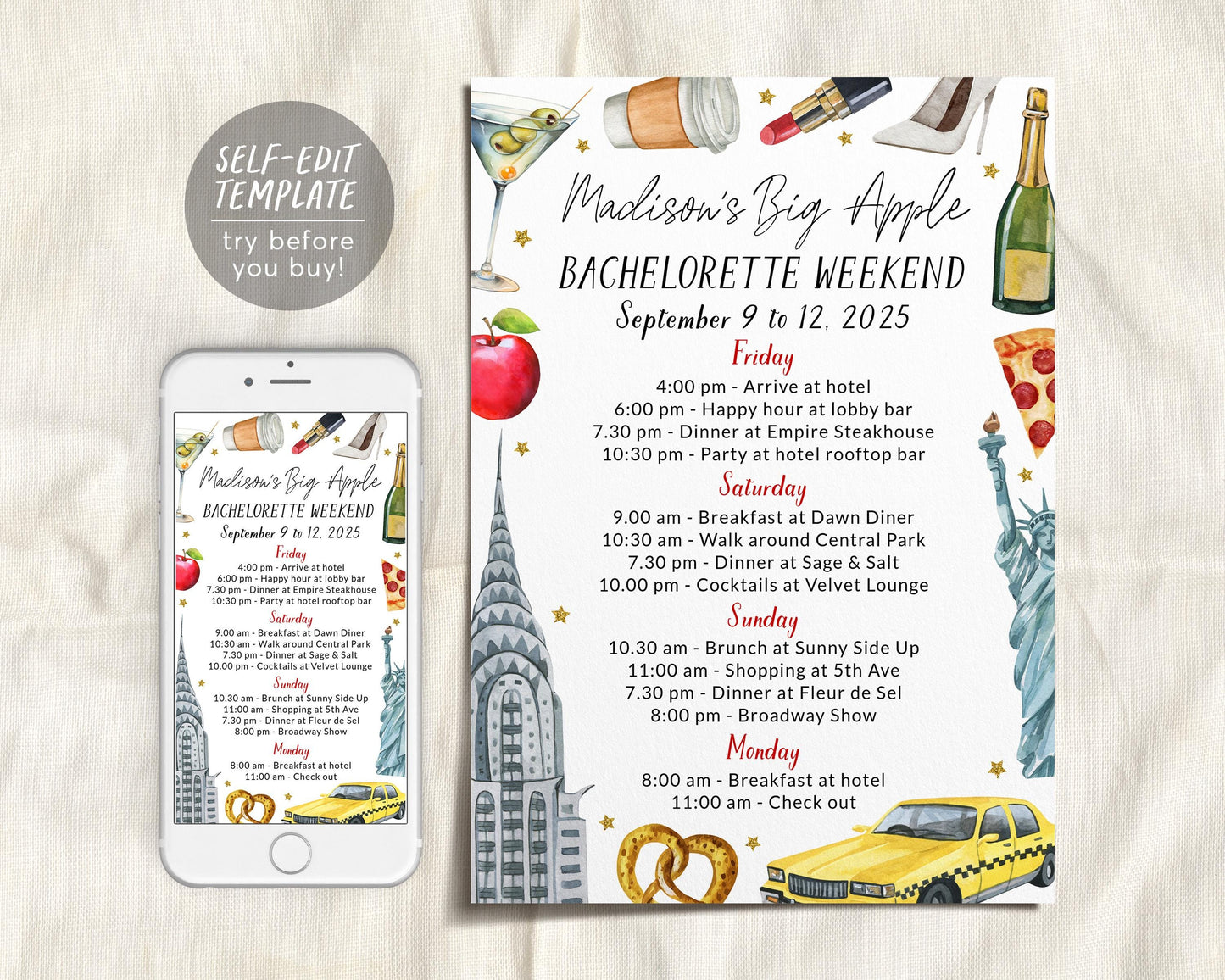 New York Bachelorette Itinerary Editable Template