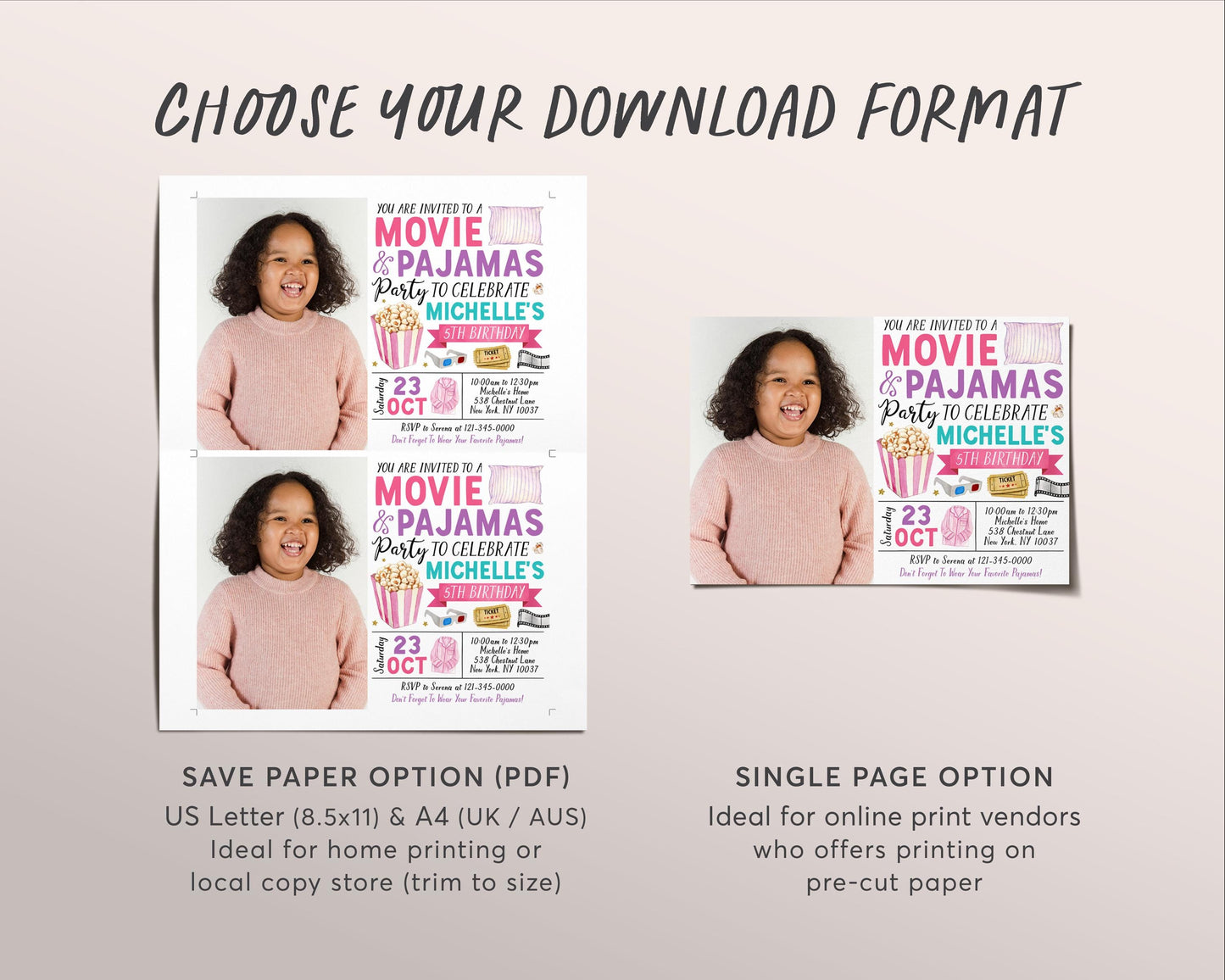 Movie and Pajamas Birthday Invitation With Photo Editable Template, Girl Slumber Party Popcorn Cinema Movie Ticket Invite, Sleepover Evite