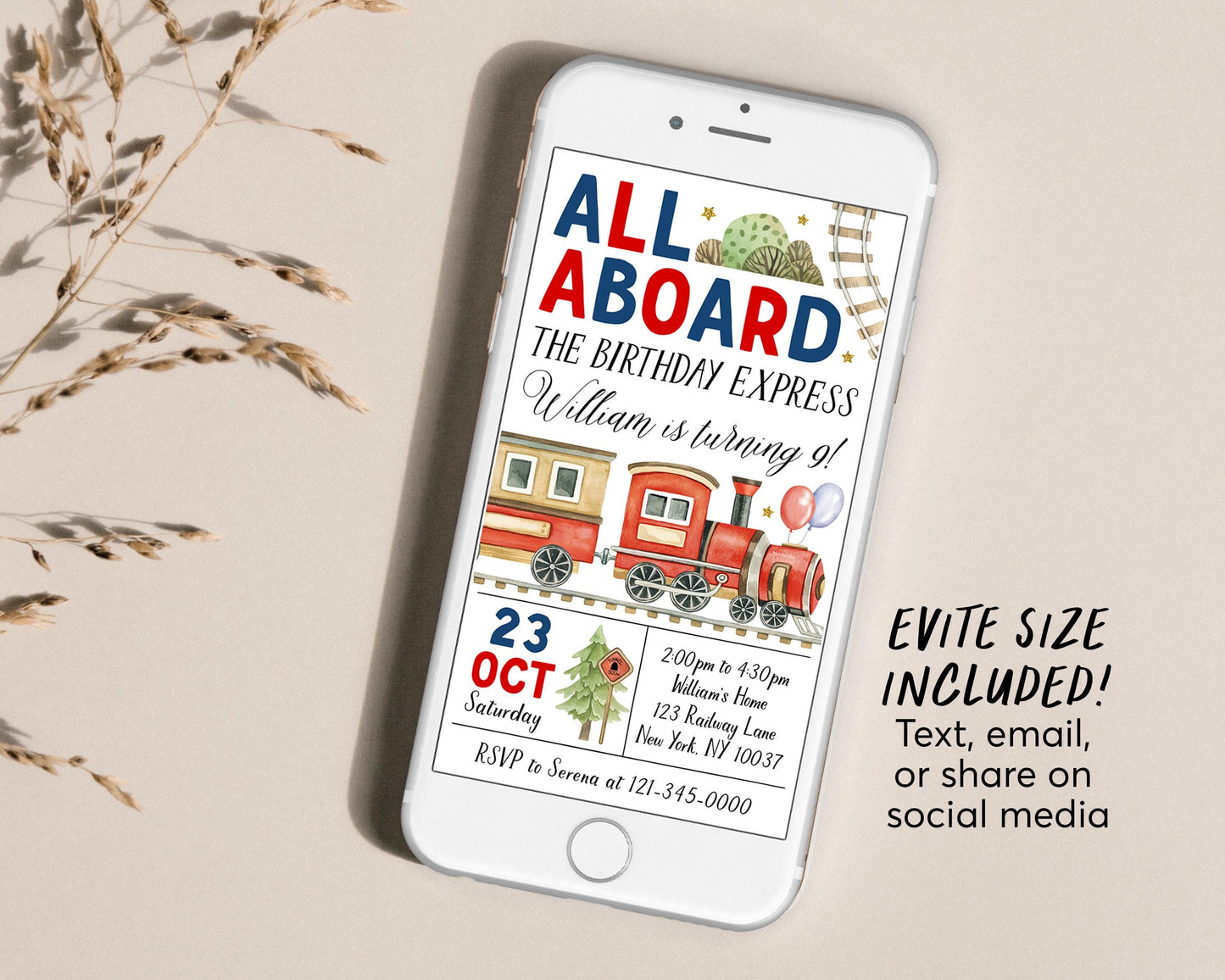Train Birthday Invitation Editable Template, Train Boarding Pass Party Invite, All Aboard The Birthday Express Admit One Travel Chugga Evite