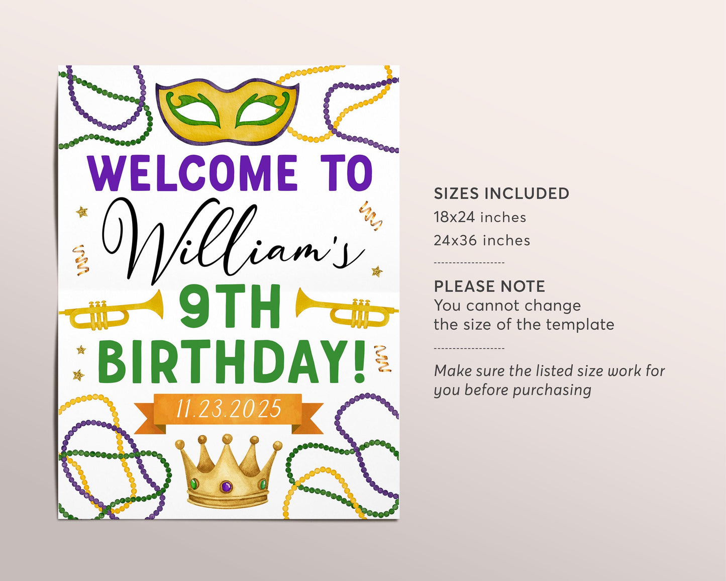 Mardi Gras Birthday Welcome Sign Editable Template, Kids Mardi Gras Fat Tuesday Theme Party Poster, New Orleans King Cake Carnival Poster