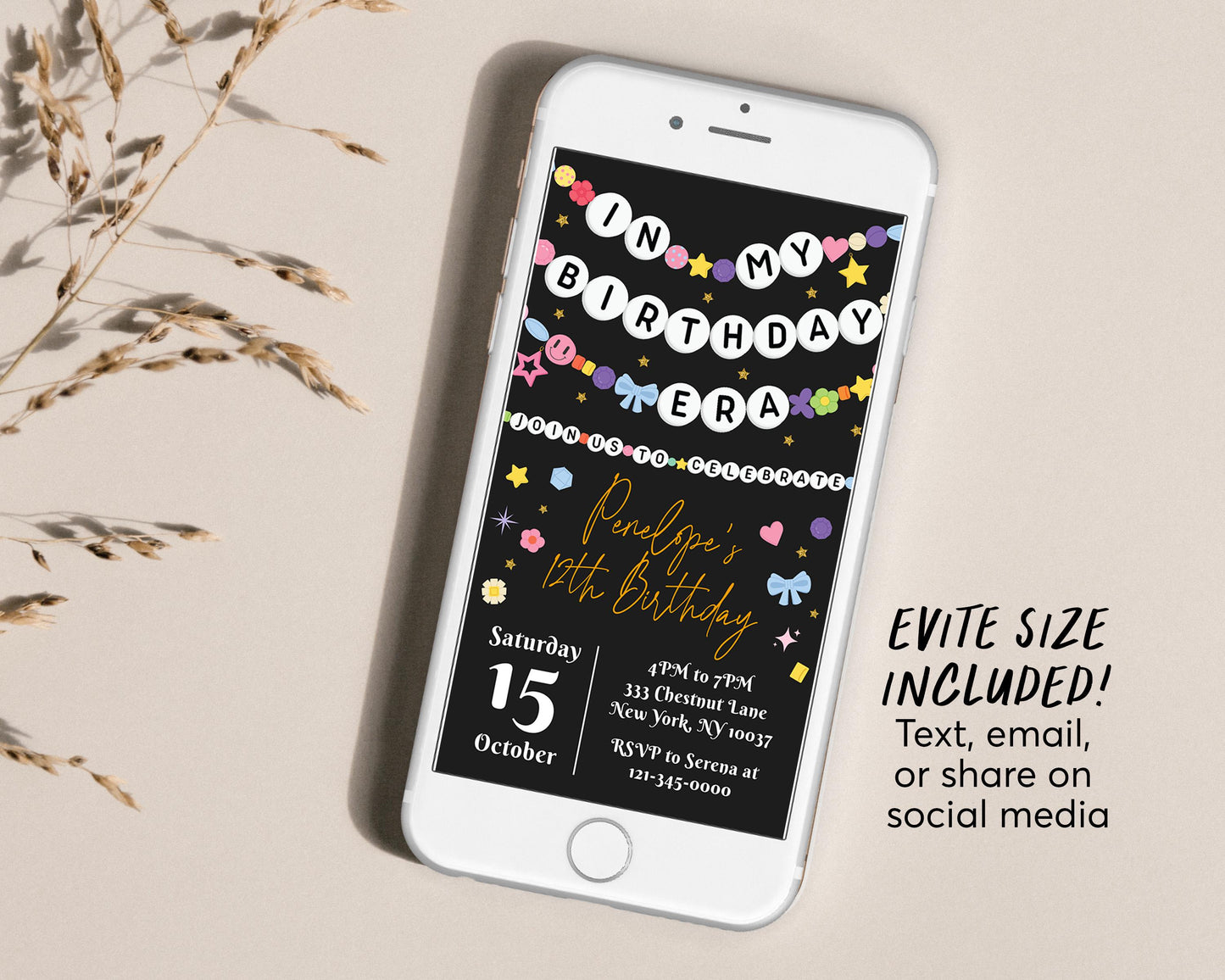 In My Birthday Era Invitation Editable Template, Friendship Bracelet Party Invite, Kids Tween Teen Birthday Girl Eras Music Black Gold Evite