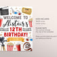 Movie Night Birthday Welcome Sign Editable Template, Unisex Kids Pop On Over Cinema Backyard Movie Ticket Party Poster, Popcorn Board Banner