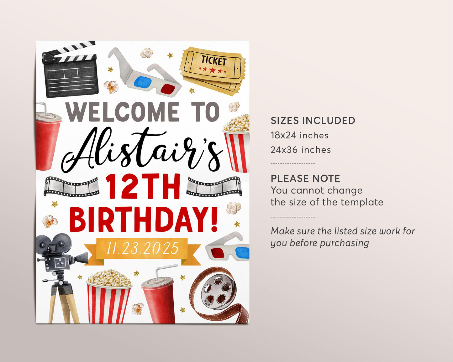 Movie Night Birthday Welcome Sign Editable Template, Unisex Kids Pop On Over Cinema Backyard Movie Ticket Party Poster, Popcorn Board Banner