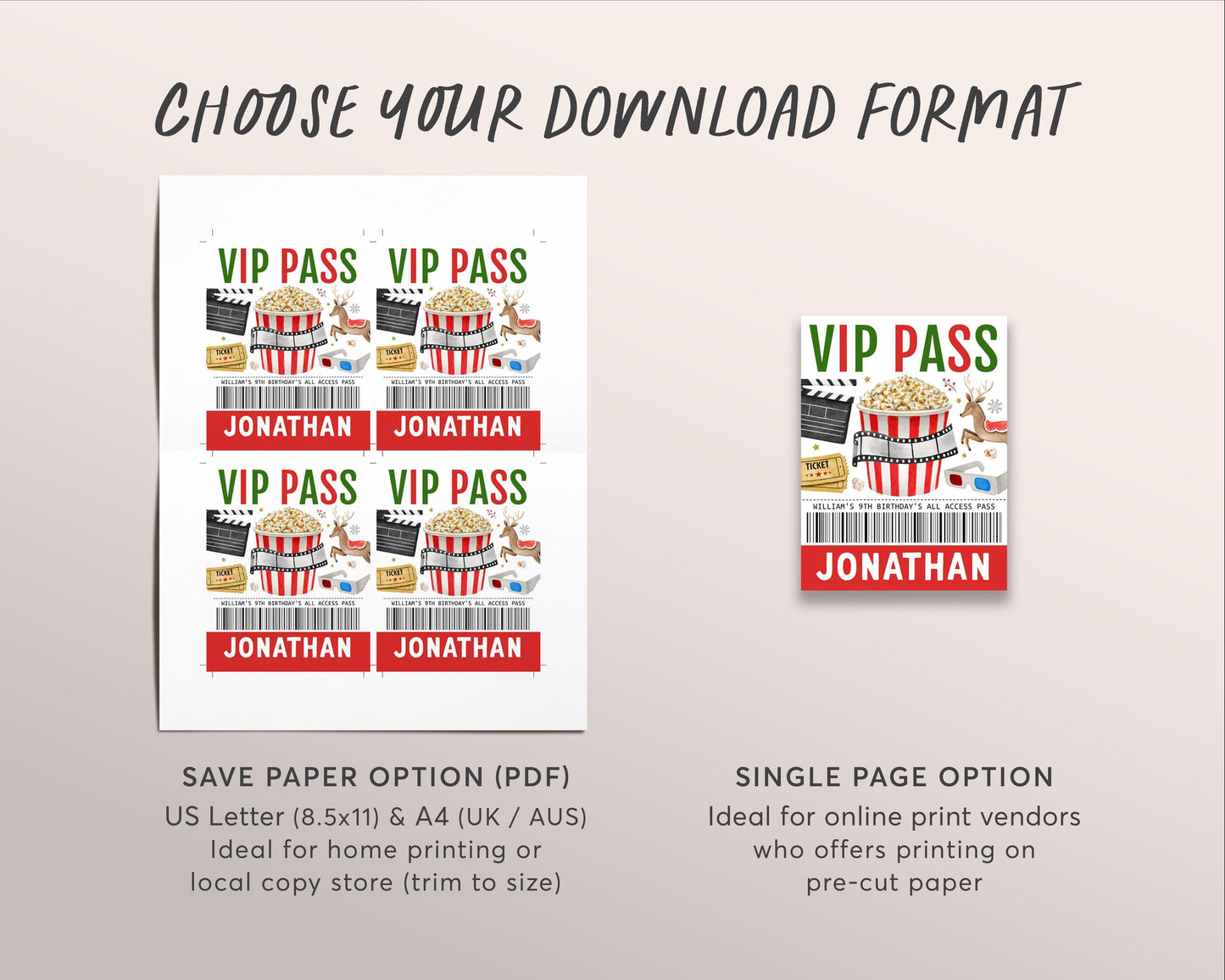 Christmas Movie Night VIP Pass Editable Template, Birthday Popcorn Movie Party All Access Pass, Xmas Holiday Name Insert ID Badge Lanyard