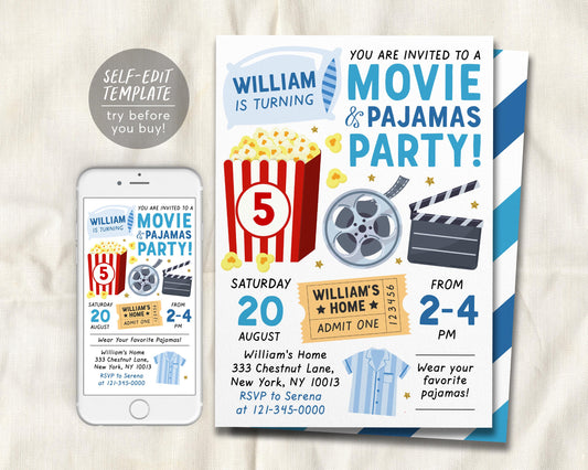 Movie and Pajamas Party Birthday Invitation Editable Template
