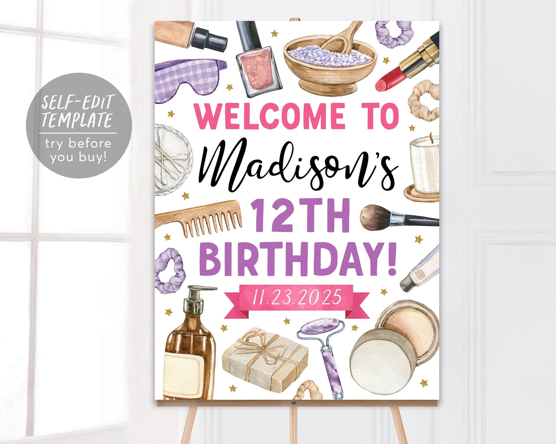 Spa Party Birthday Welcome Sign Editable Template