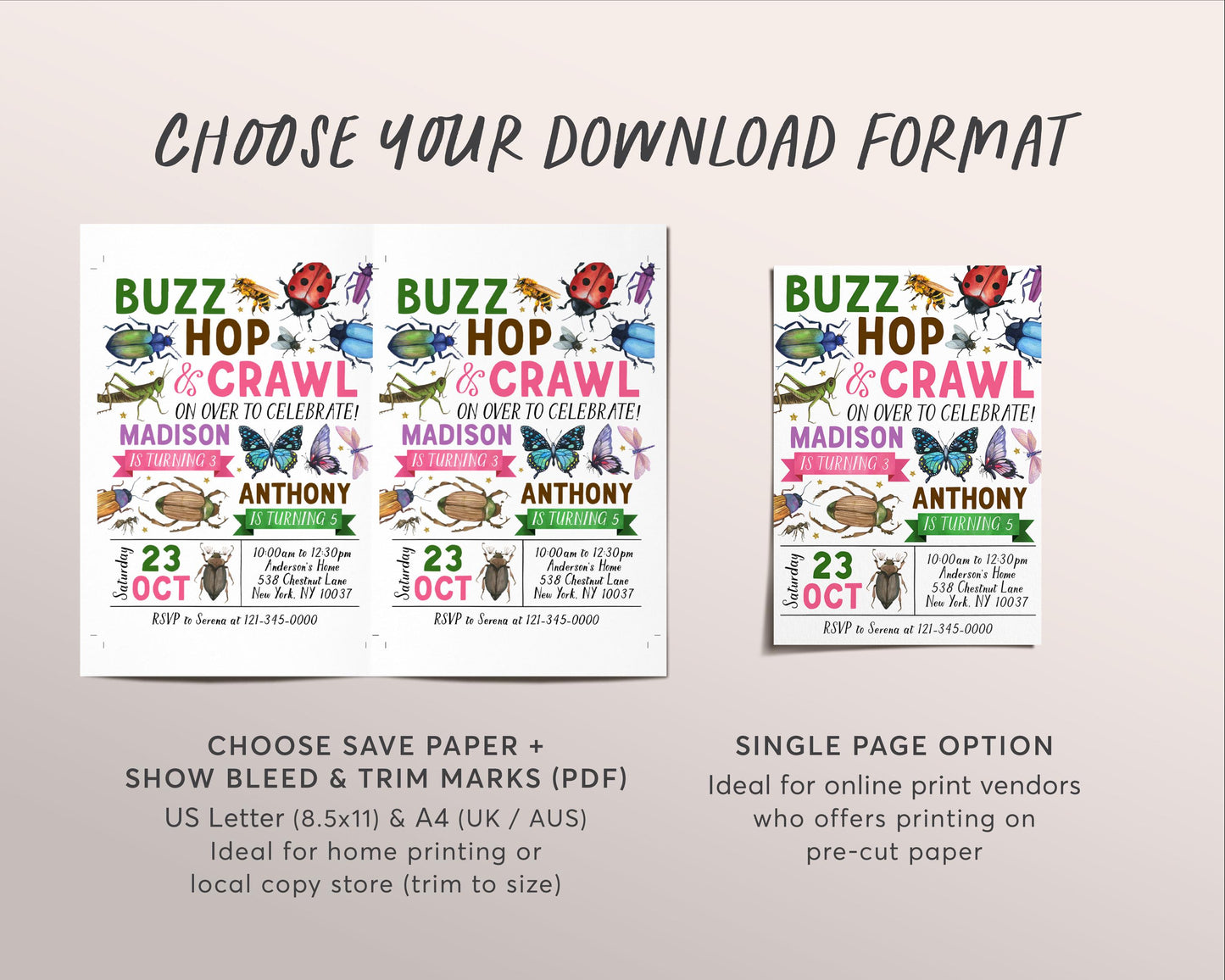 Insect Bugs Joint Siblings Birthday Invitation Editable Template, Twins Girl Boy Buzz Hop Crawl Party Invite, Kids Bug Hunt Garden Evite