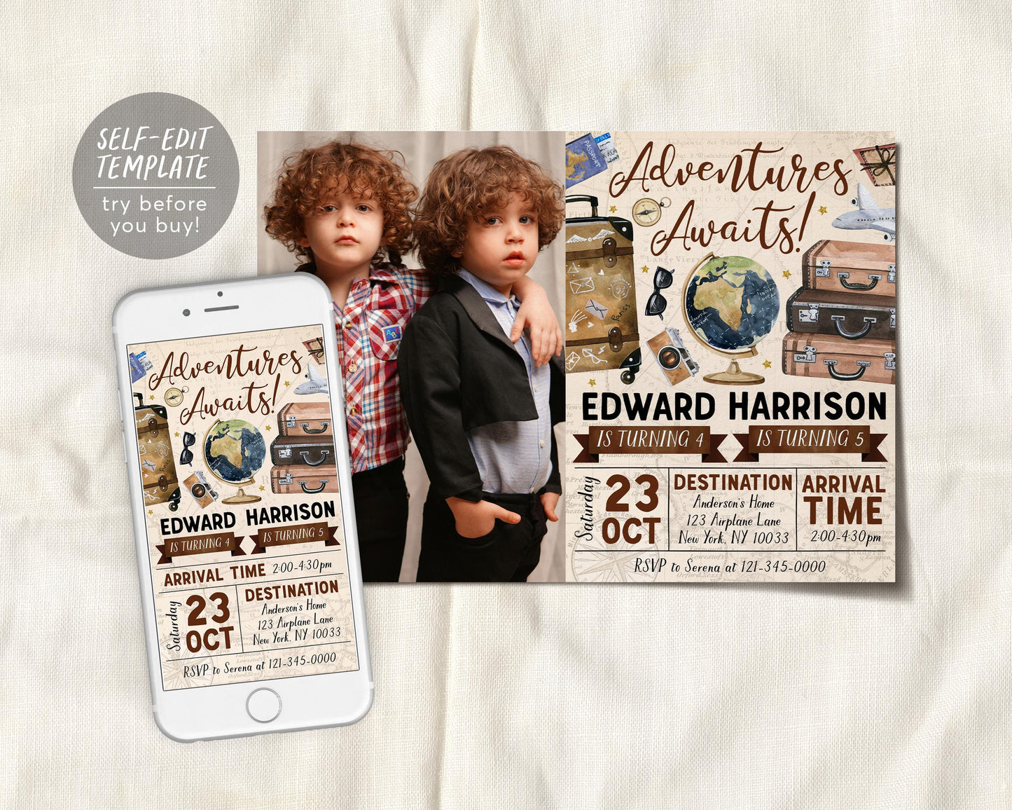 Adventure Awaits Travel Joint Siblings Birthday Invitation With Photo Editable Template,