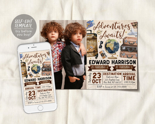 Adventure Awaits Travel Joint Siblings Birthday Invitation With Photo Editable Template,